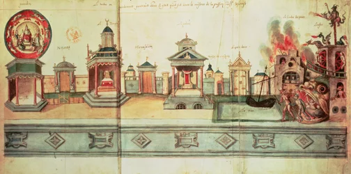 Ms fr.12536 f.2 Die Kulisse für das Mysterium von Valenciennes, 1547